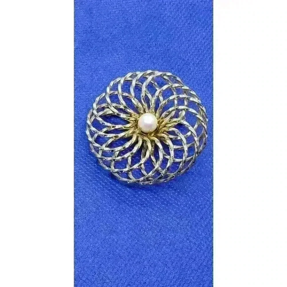 Vintage Brooch Twisted Round Puffy Caged Faux Pearl MCM 10k Gold Plated